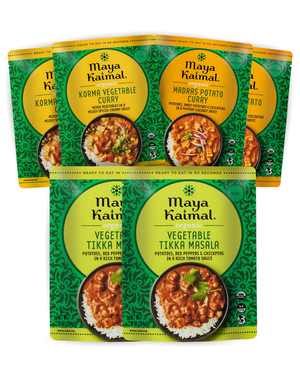 Maya Kaimal organic vegetable curry variety pack shown in a serving bowl for quick dinners