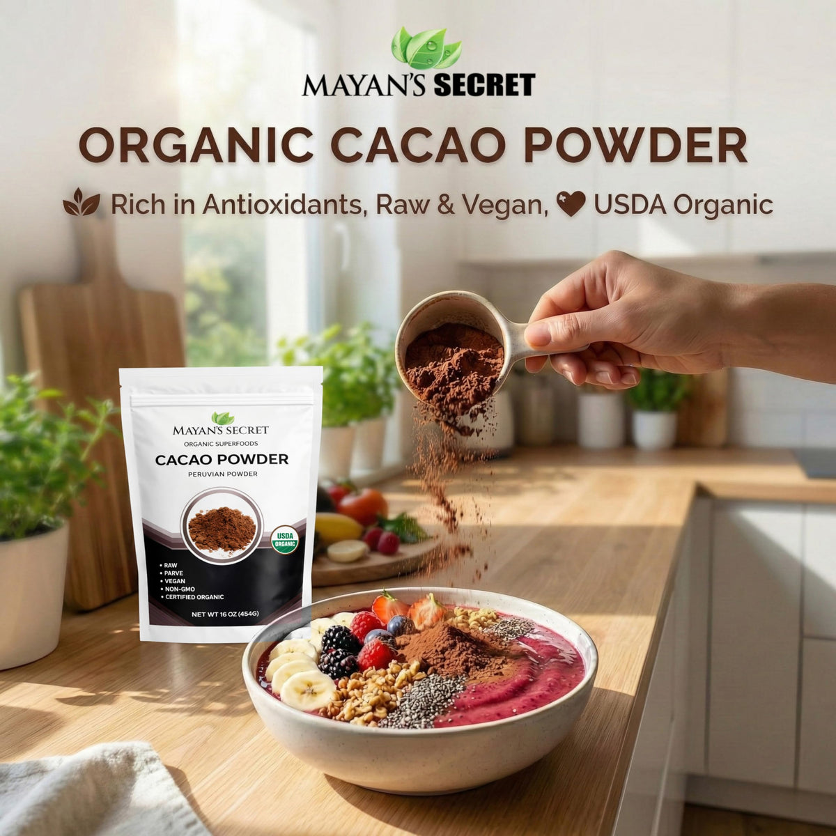Mayan’s Secret organic cacao powder used in brownies for deep chocolate notes.
