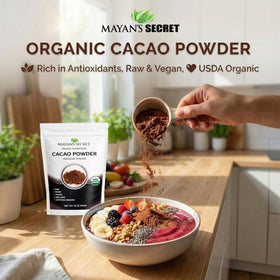Mayan’s Secret organic cacao powder used in brownies for deep chocolate notes.