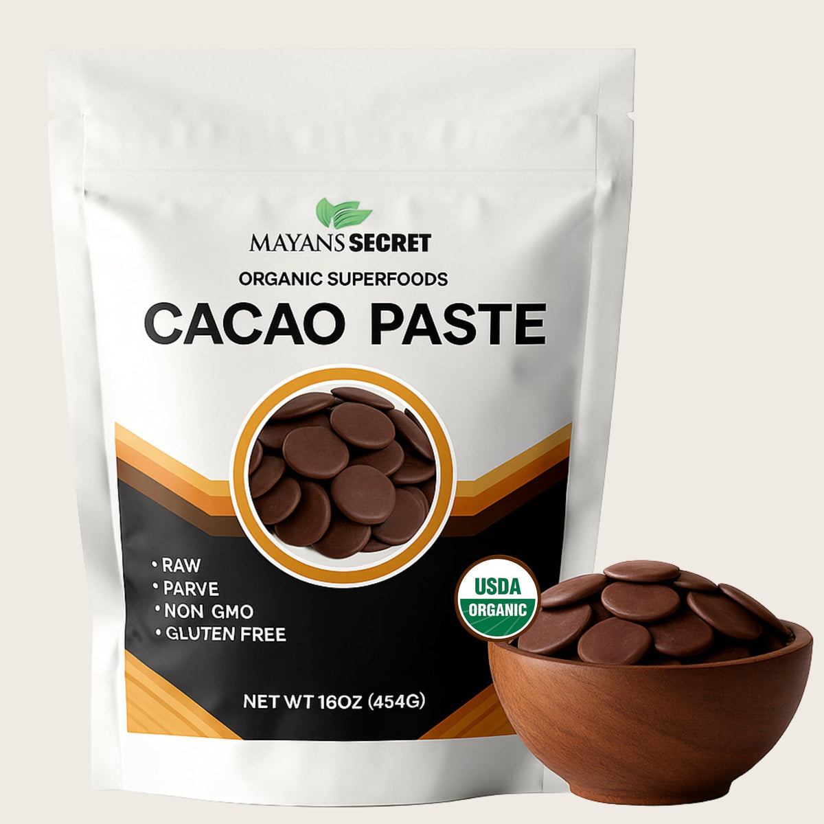 Mayan's Secret cacao paste wafers in a 1lb bulk pack ready for versatile chocolate making.