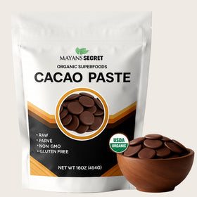 Mayan's Secret cacao paste wafers in a 1lb bulk pack ready for versatile chocolate making.