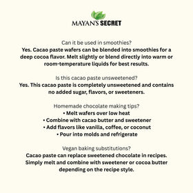 Mayan's Secret cacao paste wafers closeup texture highlights pure cacao quality.