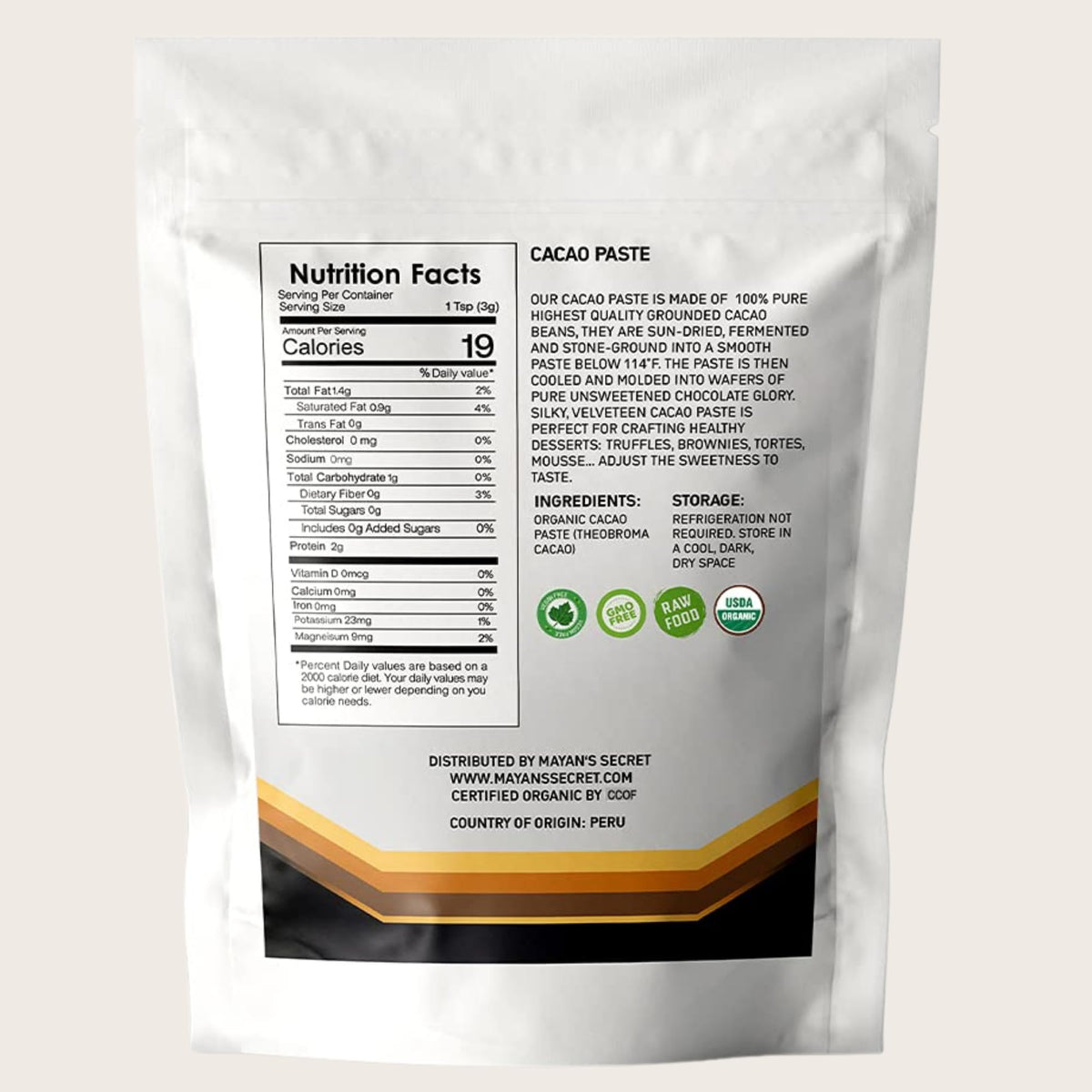 Mayan's Secret cacao paste wafers reseal pouch to preserve freshness and aroma.