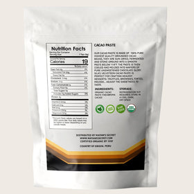 Mayan's Secret cacao paste wafers reseal pouch to preserve freshness and aroma.