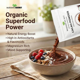 Mayan’s Secret cacao powder dust on a latte enhances chocolate aroma.