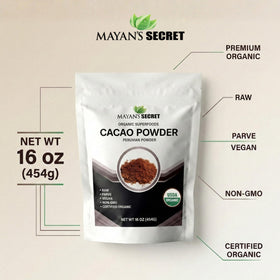 Close-up of Mayan’s Secret raw cacao powder reveals a fine, natural texture.
