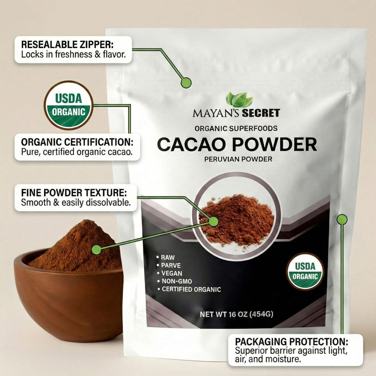 Mayan’s Secret cocoa powder atop a smoothie bowl adds bold flavor.