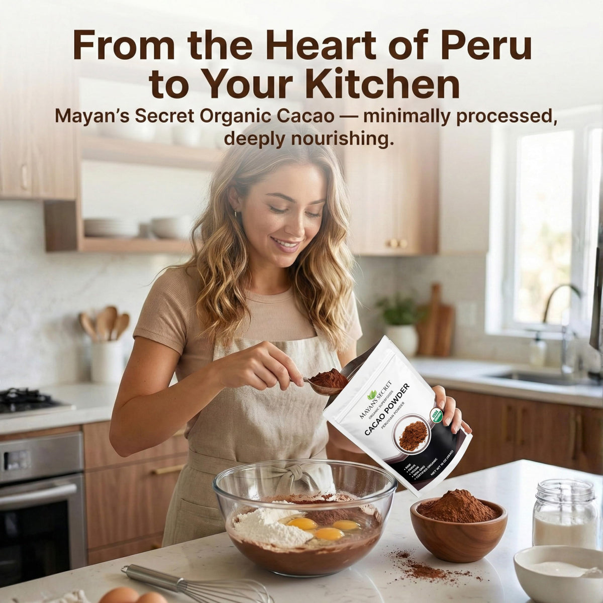 Mayan’s Secret vegan gluten-free cacao powder packaging communicates quality.