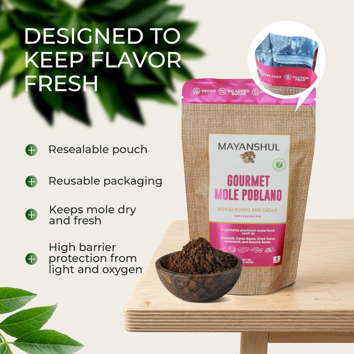 Dehydrated mole powder bag preserves freshness and pantry storage