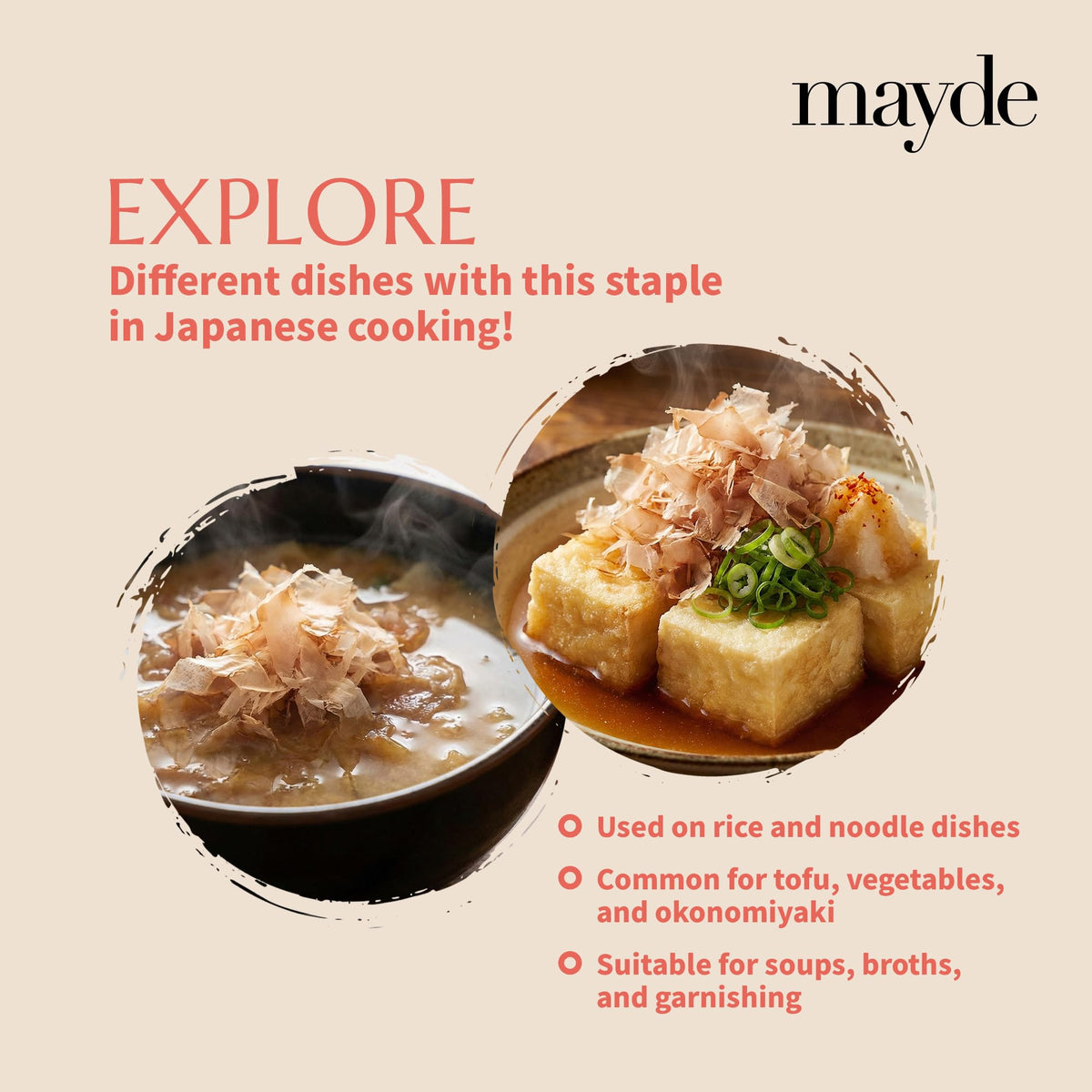 Mayde bonito flakes on noodles for depth in broth.