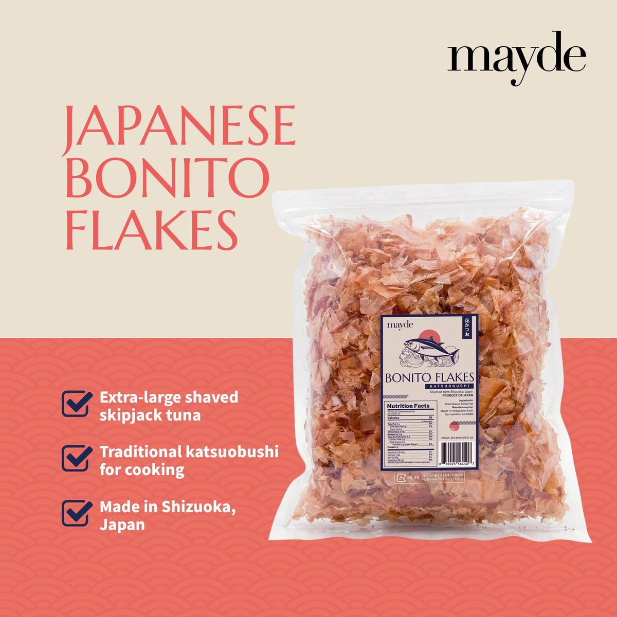 Mayde bonito flakes on a rice bowl, adding savory aroma and texture.