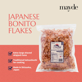 Mayde bonito flakes on a rice bowl, adding savory aroma and texture.