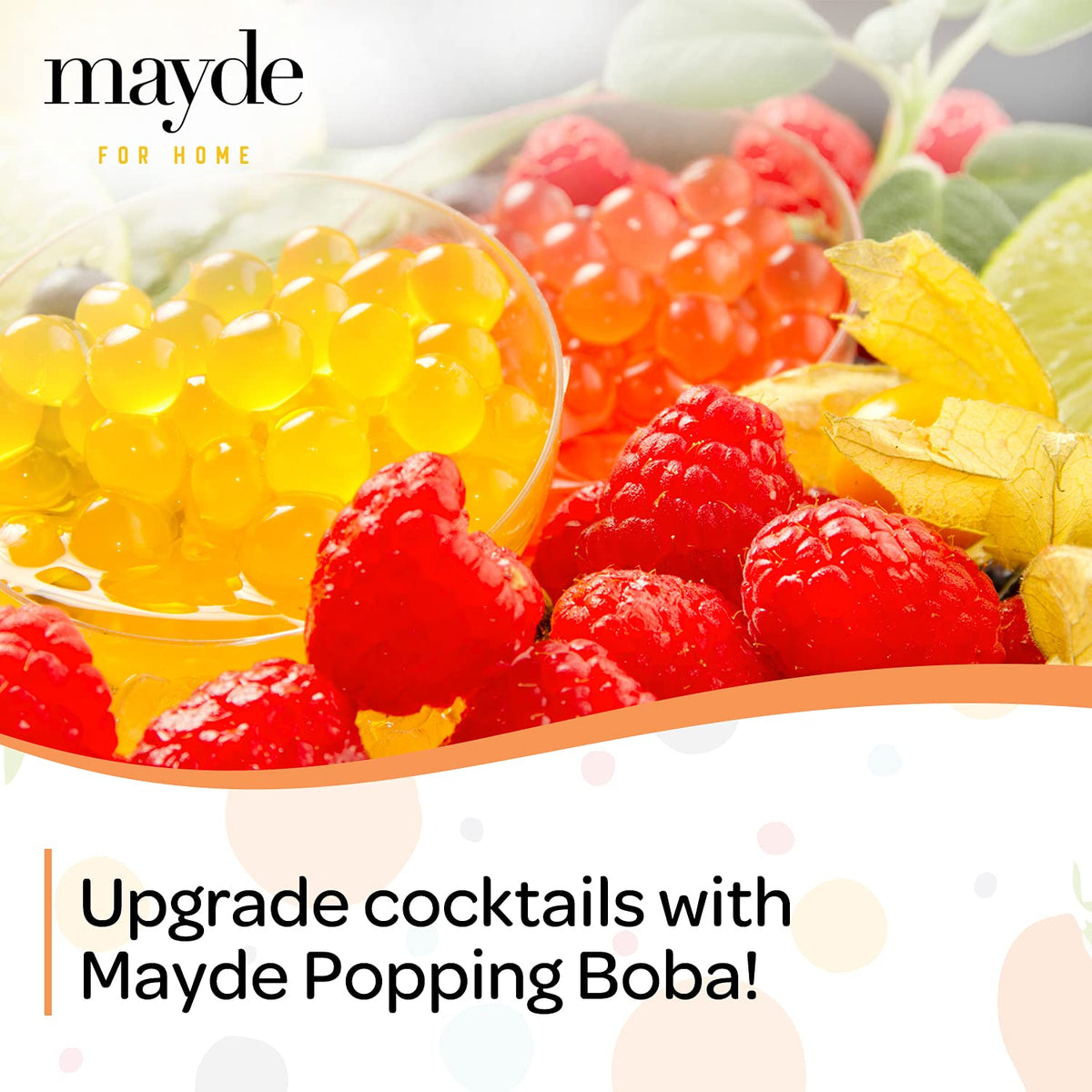 Mayde dessert-topping popping pearls pair with ice cream or shaved ice.