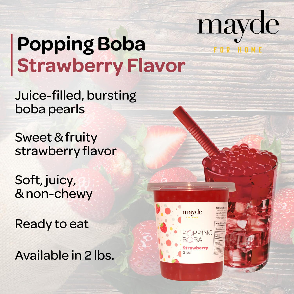 Mayde strawberry popping boba close-up enhances desserts with bright flavor.