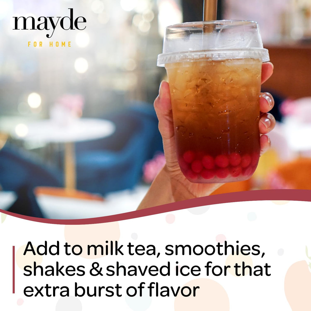 Mayde popping boba pearls on a dessert bowl vividly elevates textures.