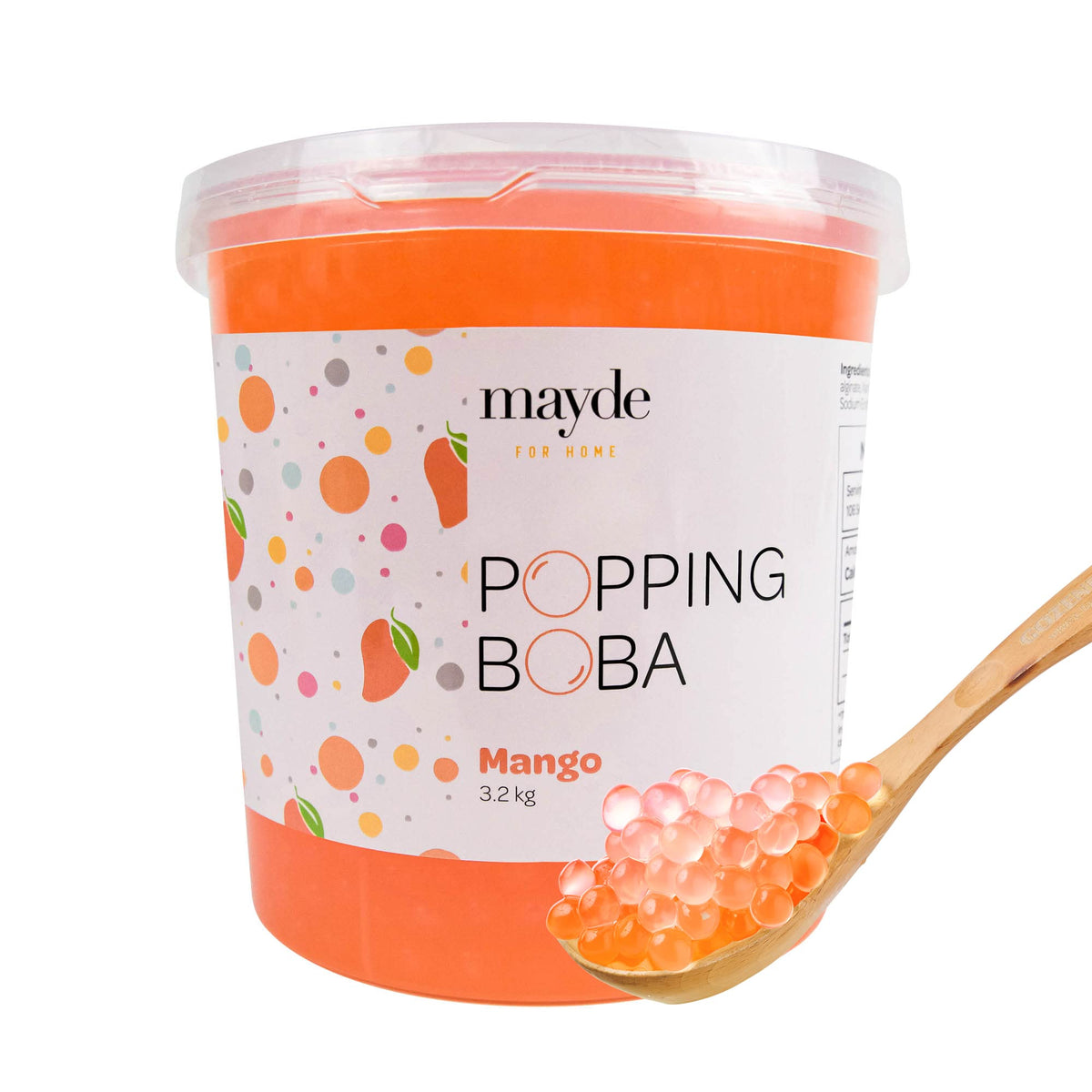 Mayde mango popping boba pearls in a tub add fruity flavor to bubble tea.