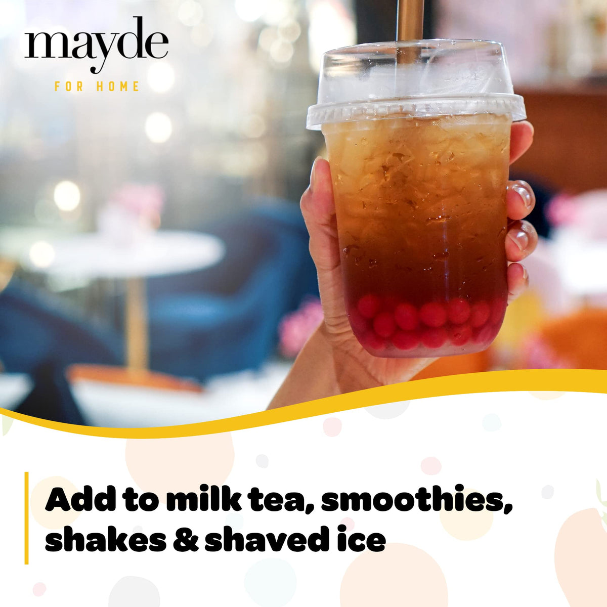 Mayde passionfruit popping boba closeup ideal for festive drinks and desserts