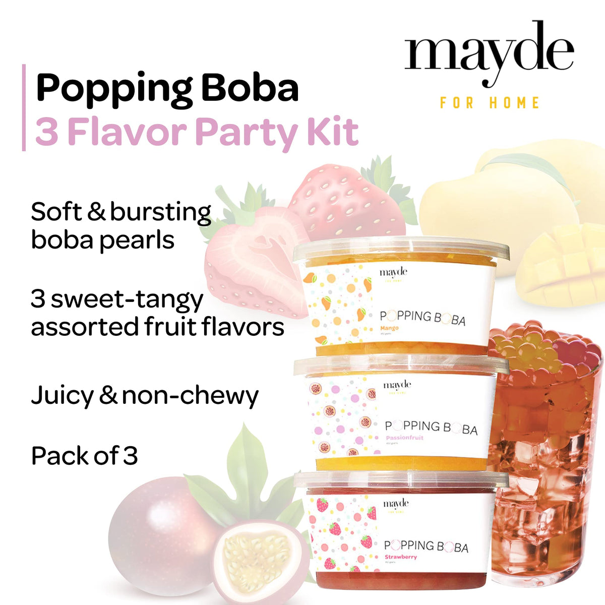 Mayde Strawberry Popping Boba Pearls with fruity juice bursts for bubble tea.
