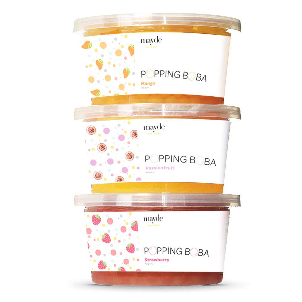 Mayde Popping Boba Pearls variety pack showcased for drinks and desserts.