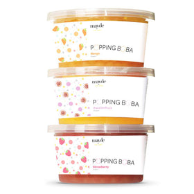 Mayde Popping Boba Pearls variety pack showcased for drinks and desserts.