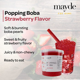 Mayde strawberry popping pearls in tea; elevates bubble tea with real fruit juice bursts.
