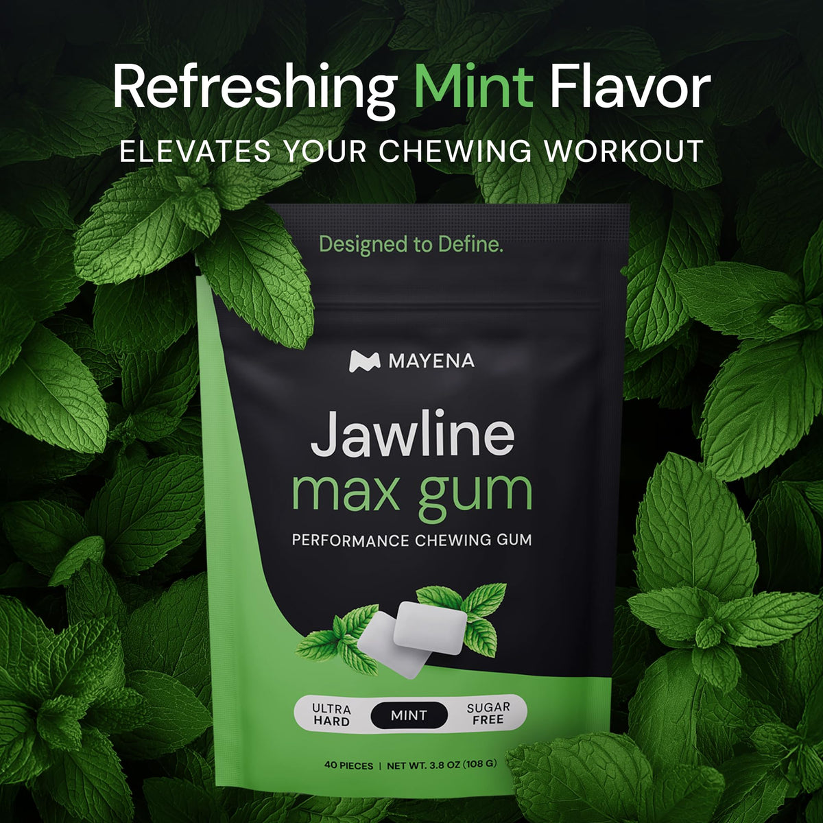 Mayena Jawline Max mint gum packaging on display