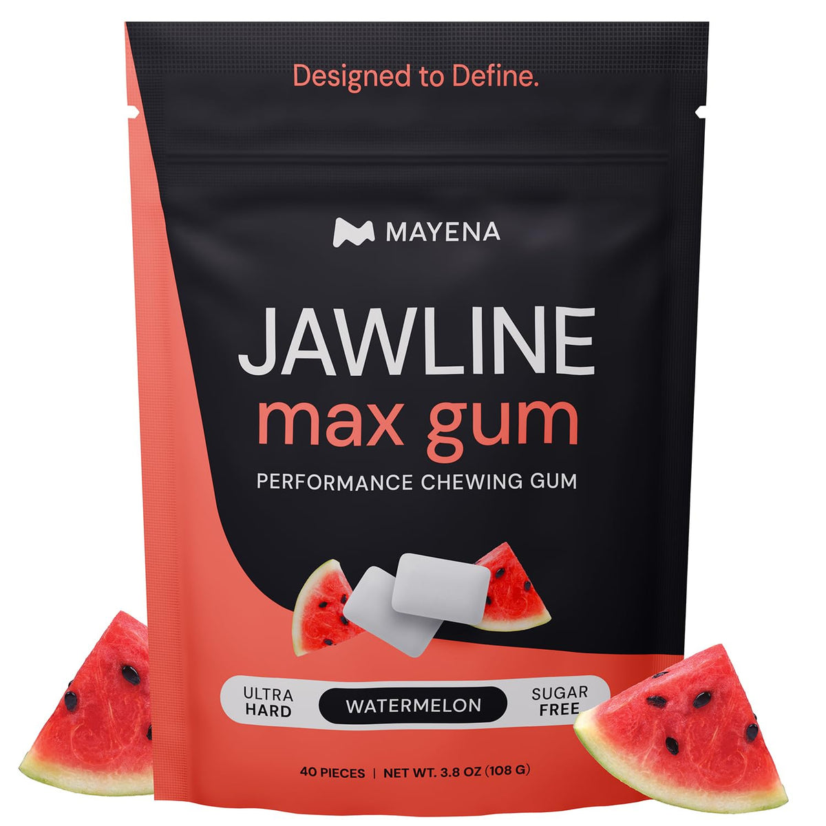 Mayena Jawline Max Gum Watermelon pack shot shows 40 pieces for focused jaw training.