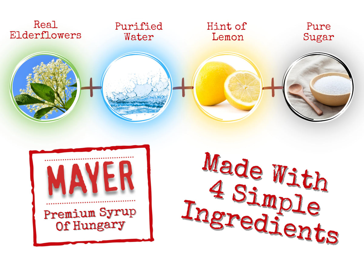 Mayer Elderflower Syrup with glass showcases elegant serving ideas.
