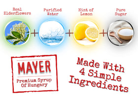 Mayer Elderflower Syrup with glass showcases elegant serving ideas.