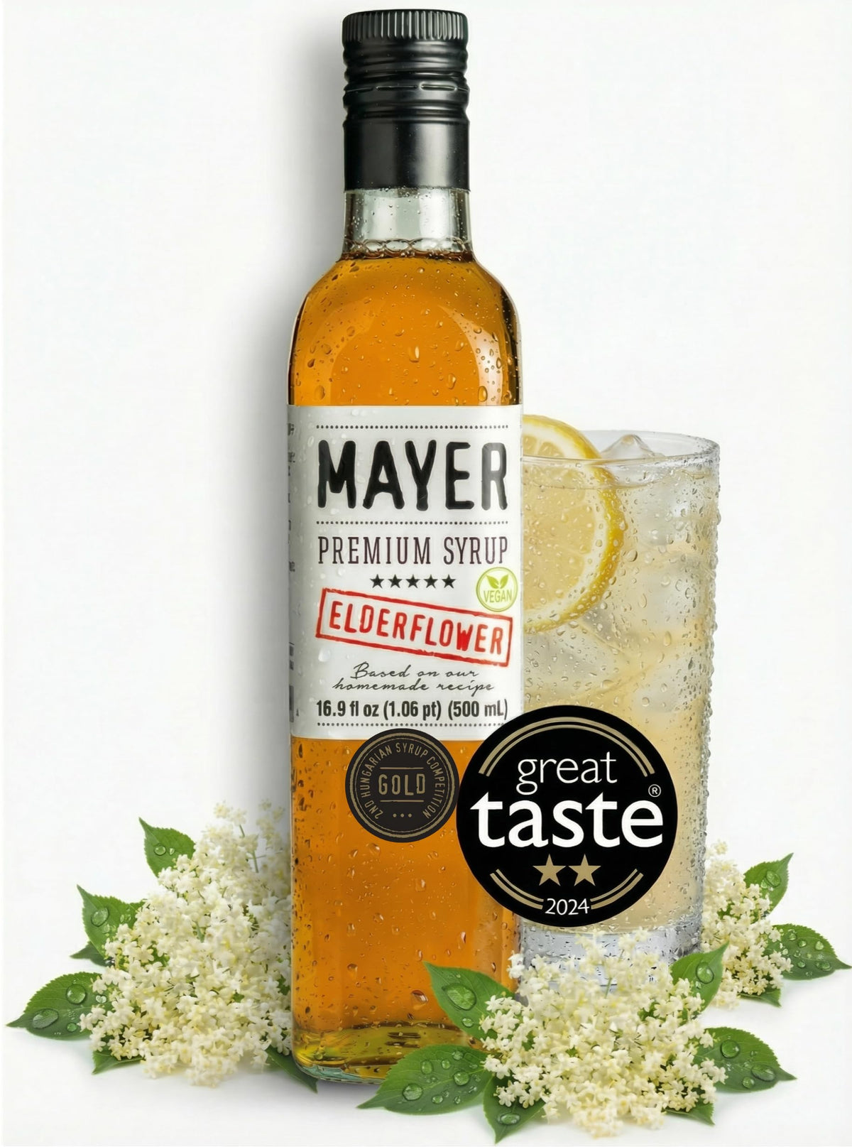 Mayer Elderflower Syrup bottle label shows premium packaging and heritage.