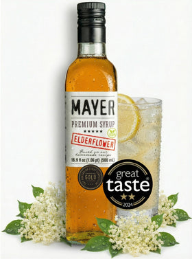 Mayer Elderflower Syrup bottle label shows premium packaging and heritage.