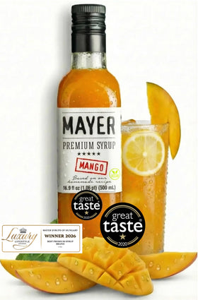 Mayer Mango Syrup bottle pouring to showcase authentic mango flavor for beverages.