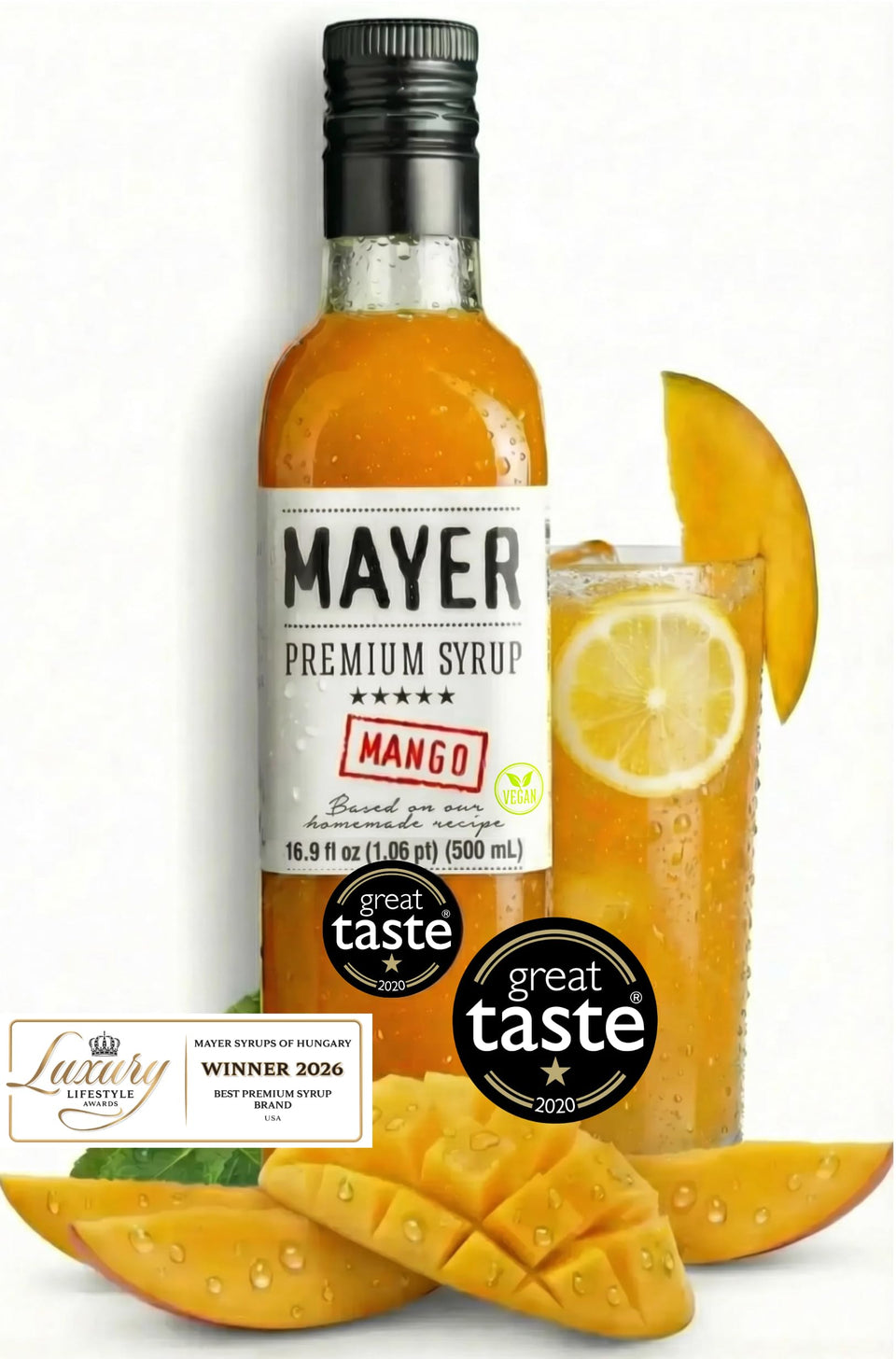 Mayer Mango Syrup bottle pouring to showcase authentic mango flavor for beverages.