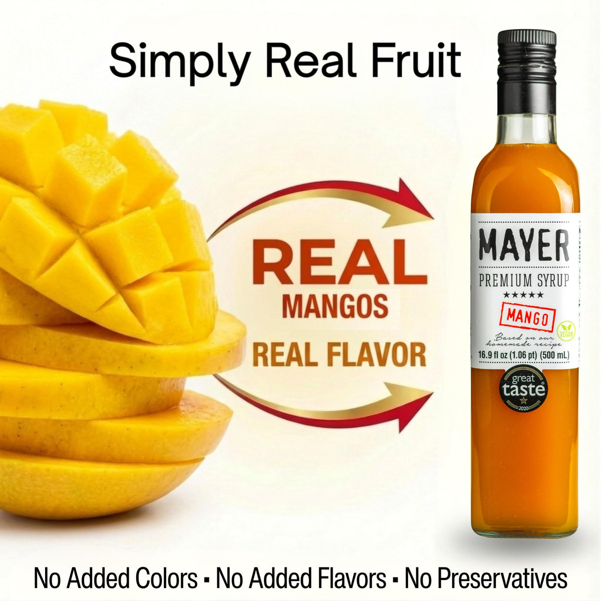 Mayer Mango Syrup bottle beside a cocktail glass, ideal for premium drink mixing.
