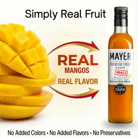 Mayer Mango Syrup bottle beside a cocktail glass, ideal for premium drink mixing.