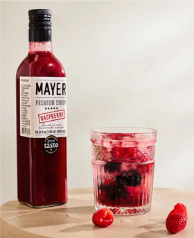 Mayer Raspberry Syrup award badge on packaging showing prestige