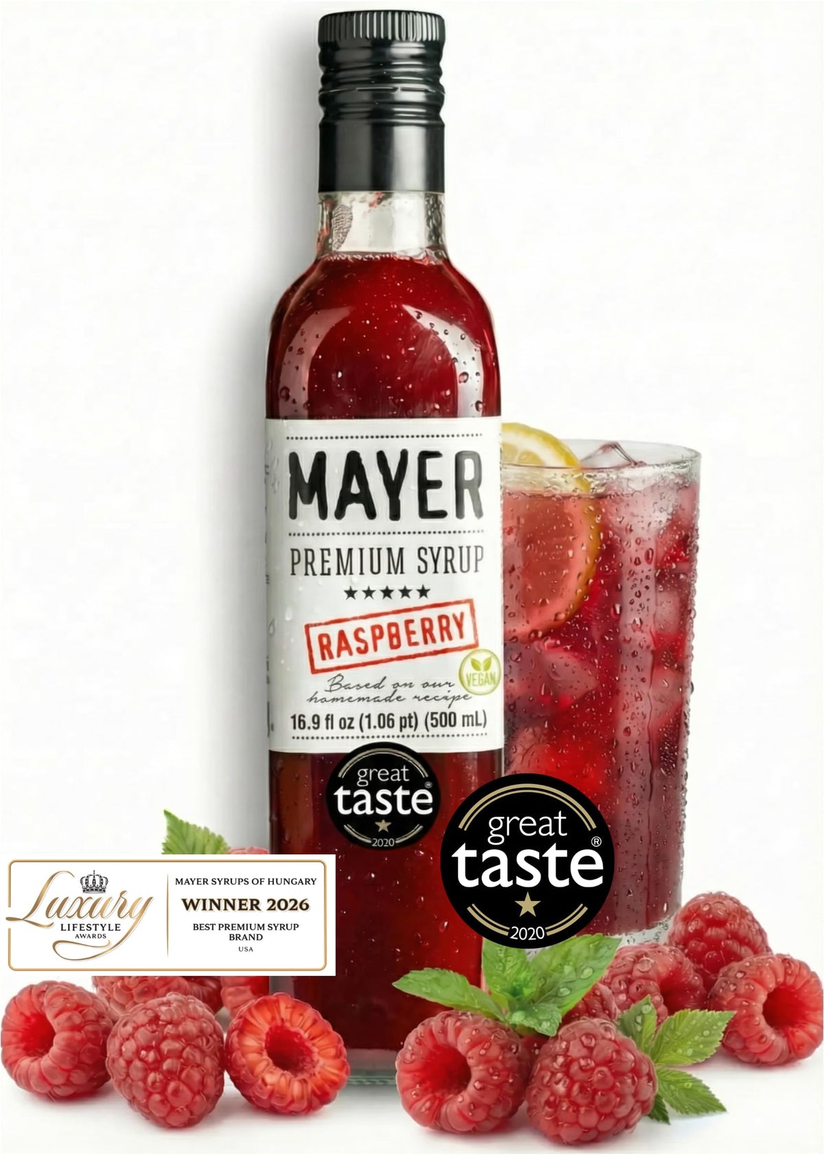 Mayer Raspberry Syrup bottle front view for vibrant beverages