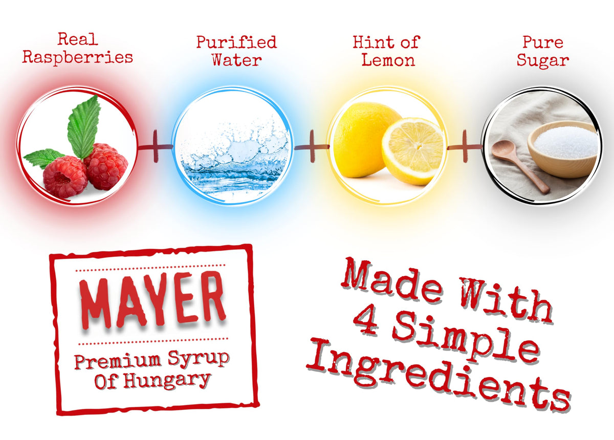 Mayer Raspberry Syrup ingredients display with real raspberries