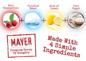 Mayer Raspberry Syrup ingredients display with real raspberries