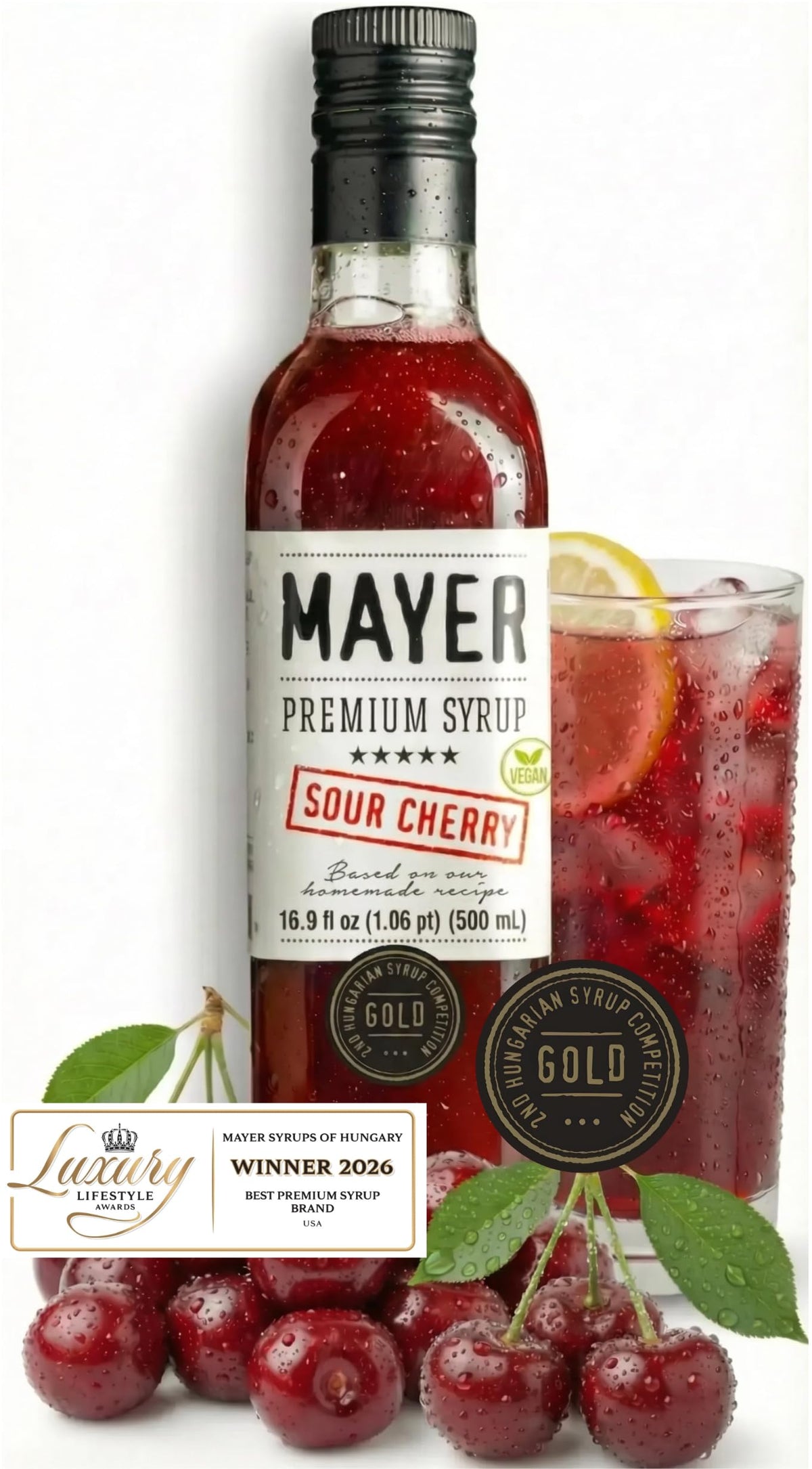Mayer Sour Cherry Syrup bottle on bar elevates cocktails with real fruit flavor.