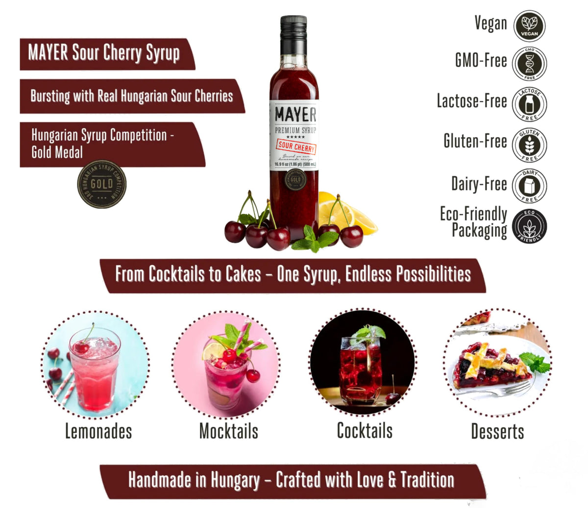 Mayer Sour Cherry Syrup bottle with fresh cherries and citrus.