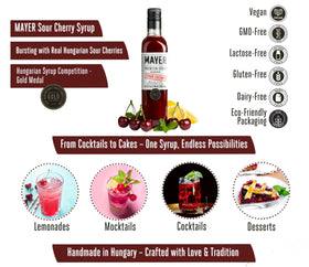 Mayer Sour Cherry Syrup bottle with fresh cherries and citrus.