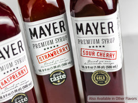 Mayer Sour Cherry Syrup packaging showcasing handcrafted Hungarian quality.