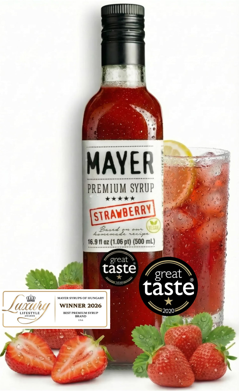 Mayer Strawberry Syrup bottle showcases real fruit flavor for drinks and desserts.