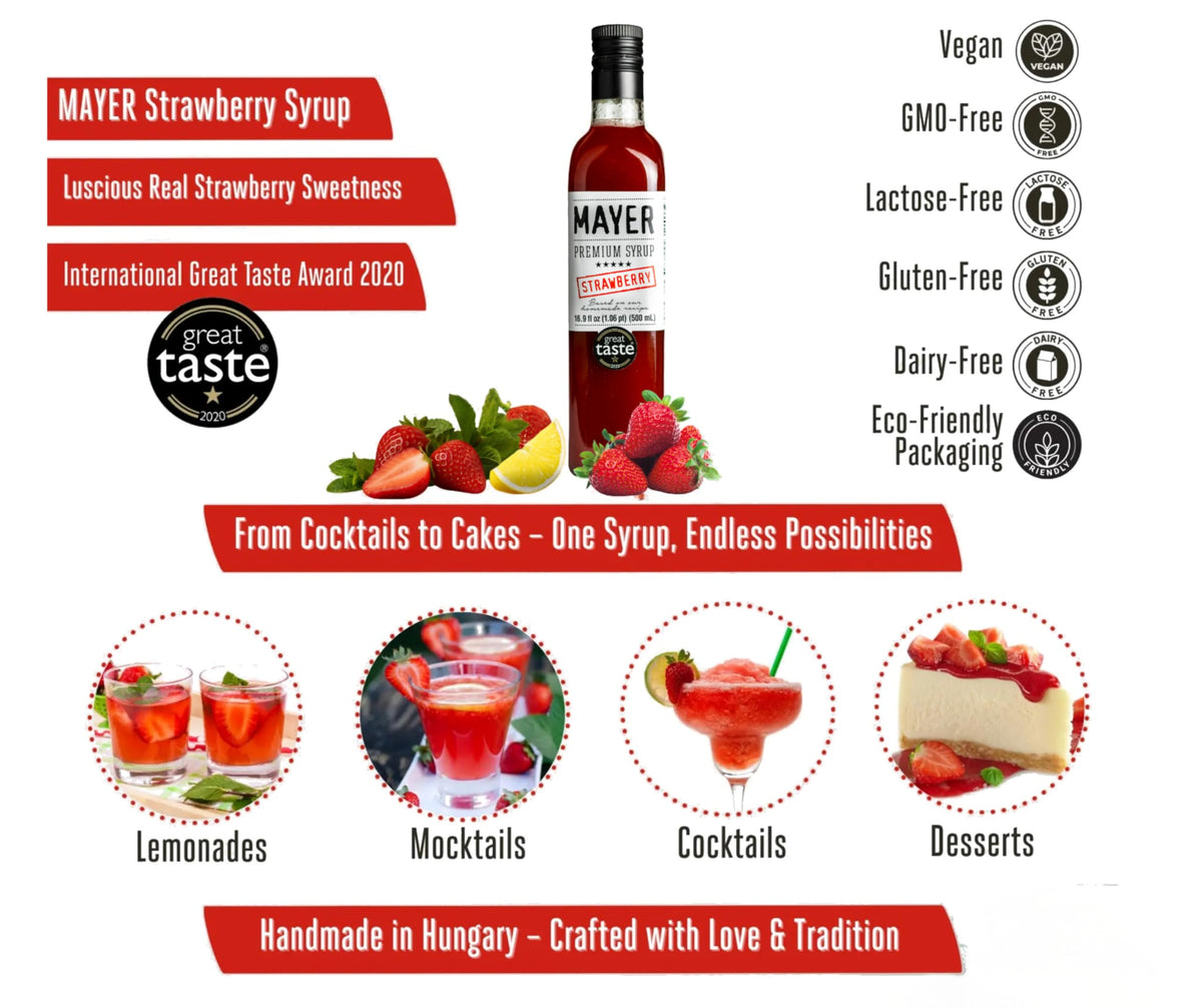 Mayer Strawberry Syrup drizzled on pancakes shows natural sweetness.