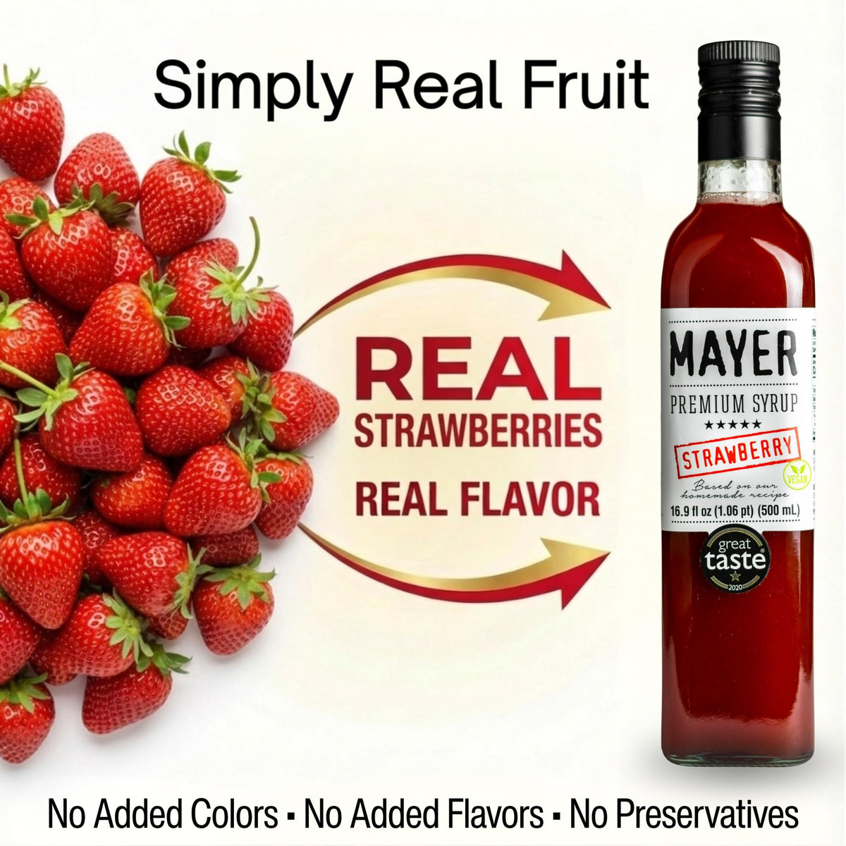 Mayer Strawberry Syrup pour highlights vibrant color and authentic strawberry taste.