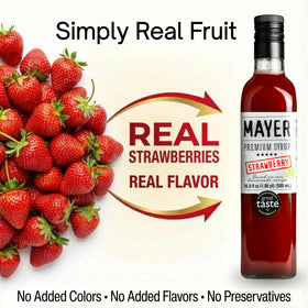 Mayer Strawberry Syrup pour highlights vibrant color and authentic strawberry taste.