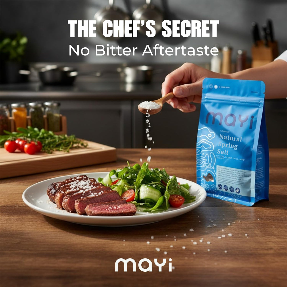 Mayi Tuz mineral-rich salt with 82 minerals enhances cooking depth.
