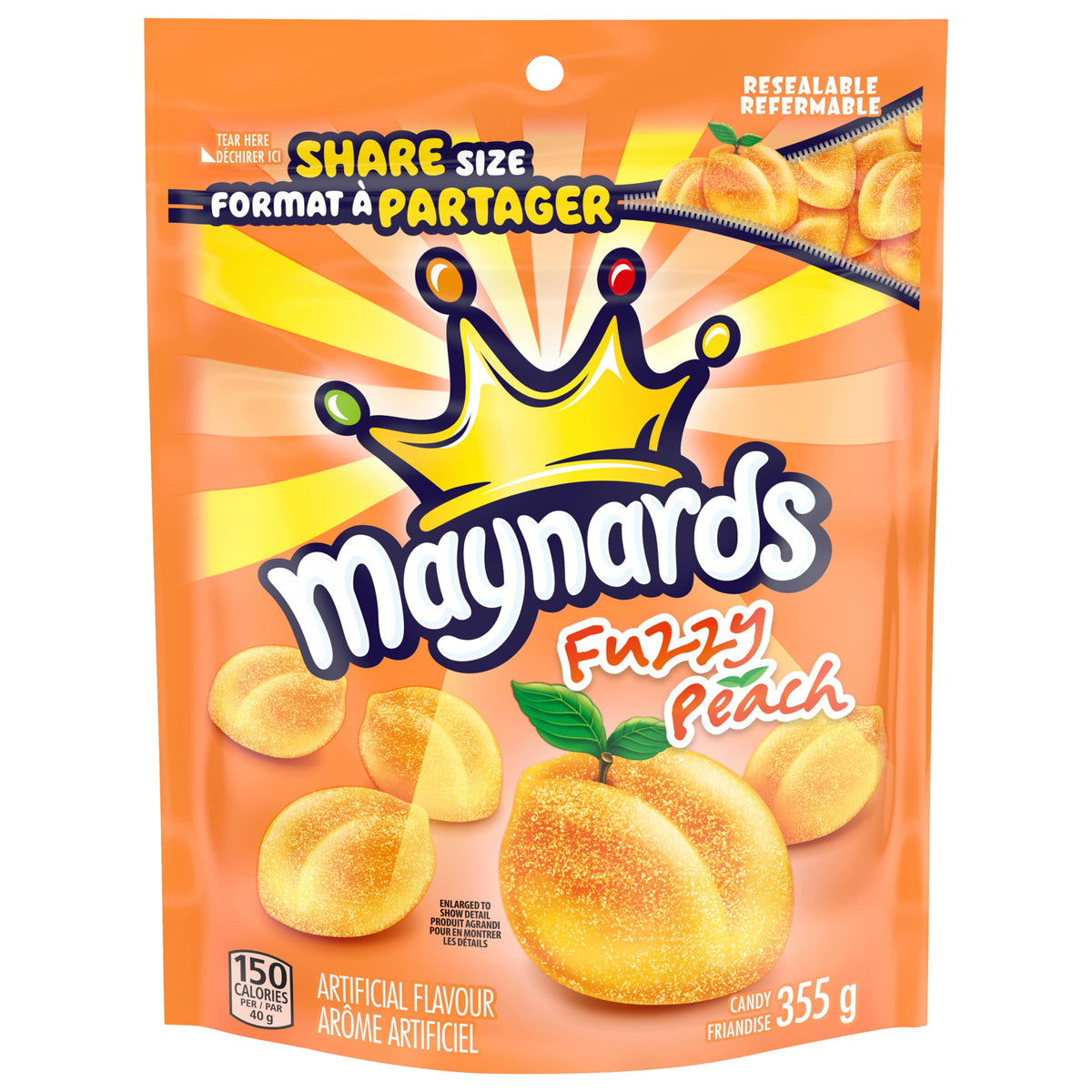 Maynards Fuzzy Peach bag front view highlighting real fruit juice flavor
