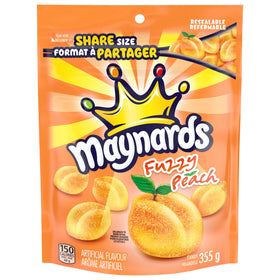 Maynards Fuzzy Peach bag front view highlighting real fruit juice flavor